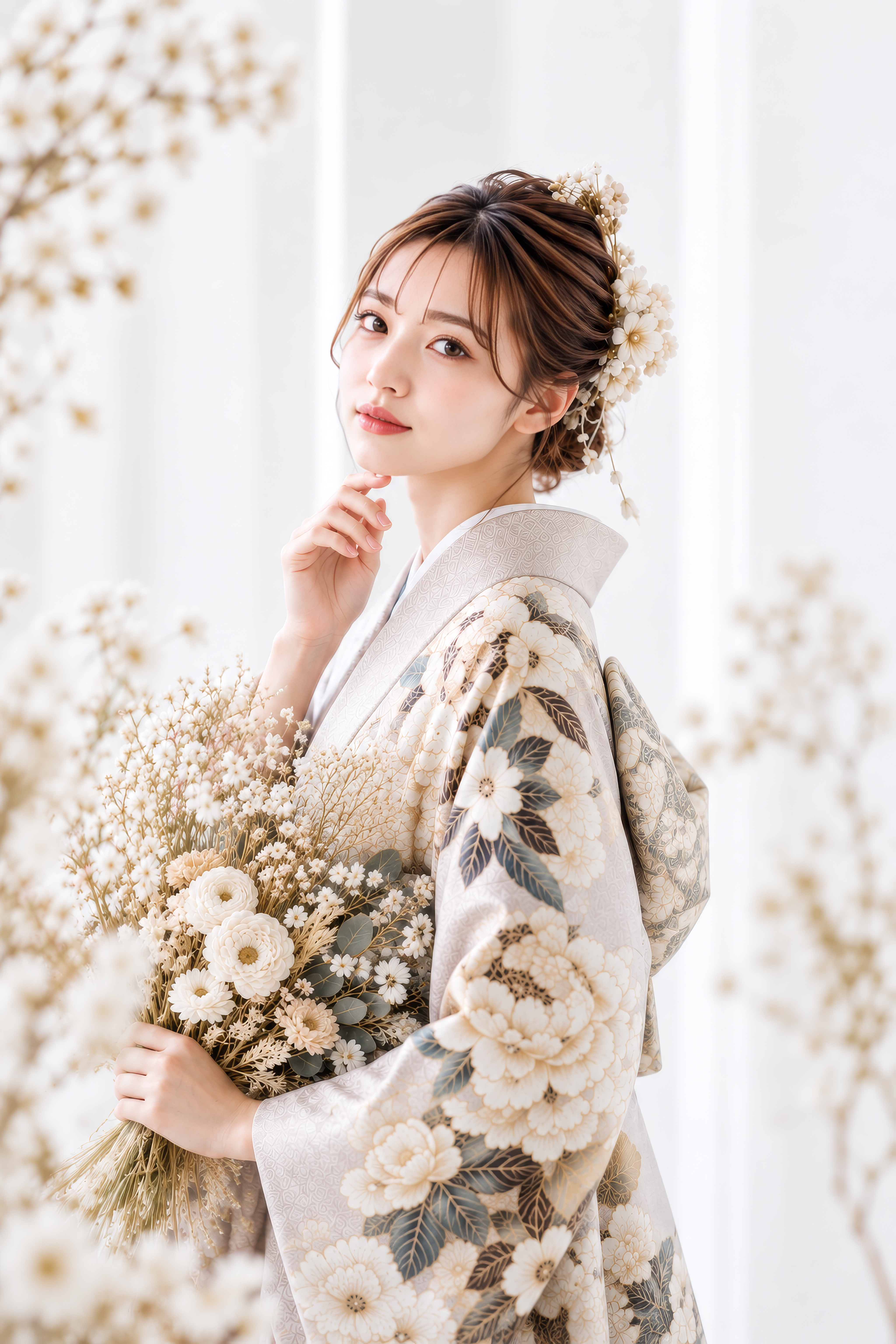 振袖姿の女性（白いアトリエ 二十歳の記念撮影）
